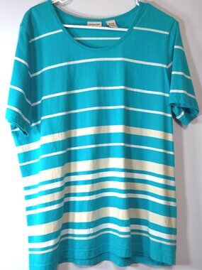 Covington Women’s Striped Top 16/18W Teal White Short Sleeve Plus Size Casual